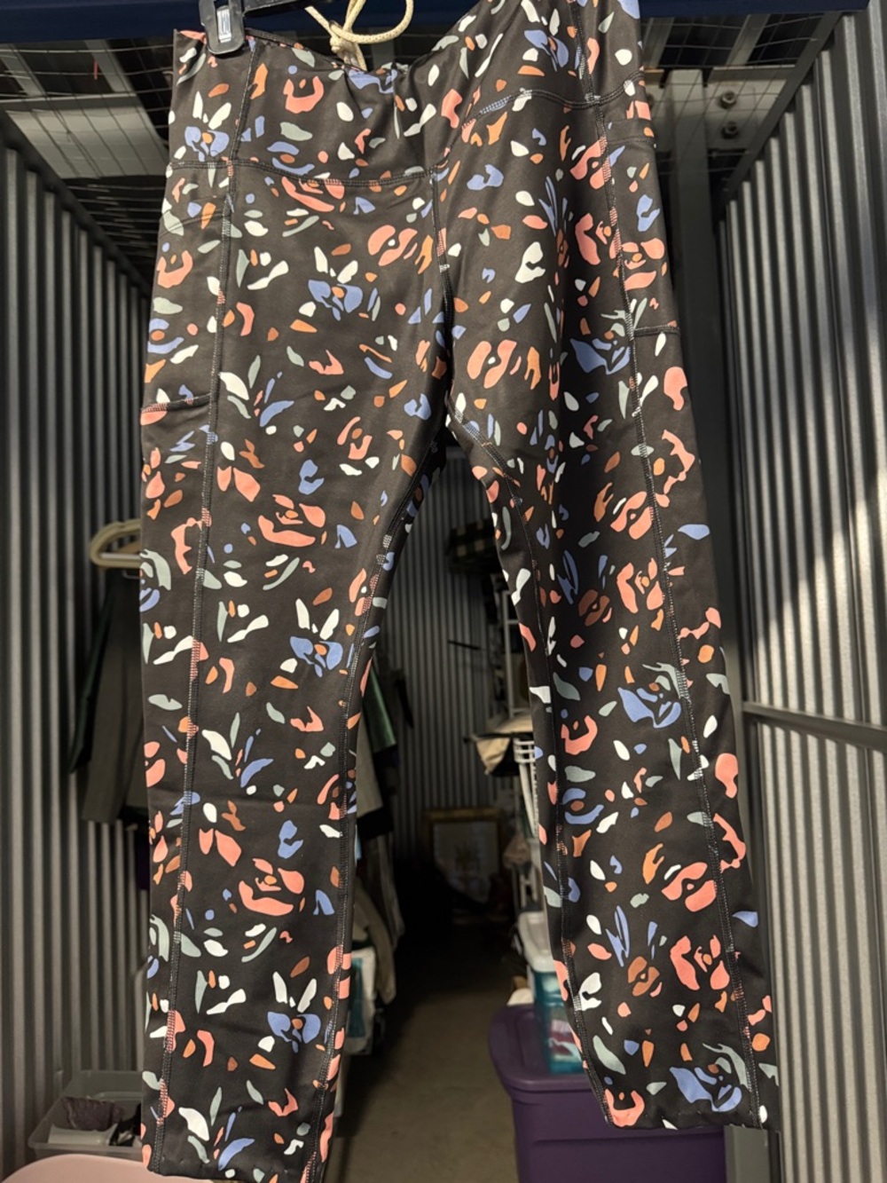 Avia Black Leggings with Coral, Blue and White Abstract Print